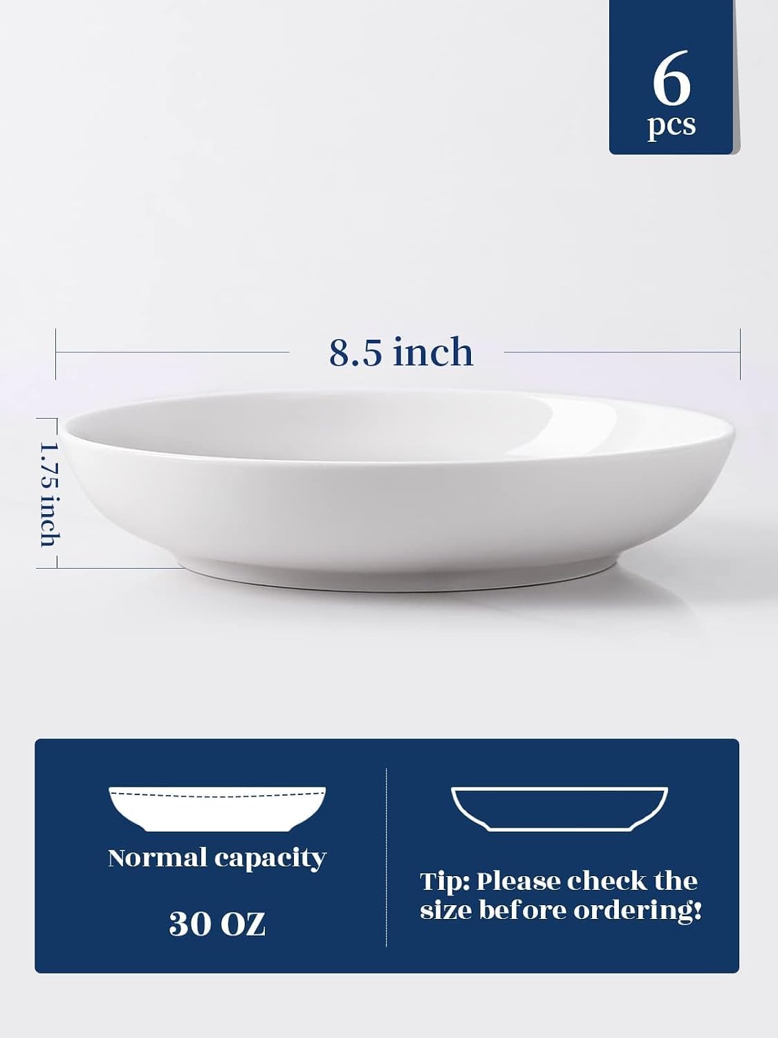 Y YHY Pasta Bowls  30oz Salad Bowls White Soup Bowls Large Pasta Serving Bowl Porcelain Pasta Plates Wide and Shallow Bowls Set of 6 Microwave Dishwasher Safe Valentines Day Gift