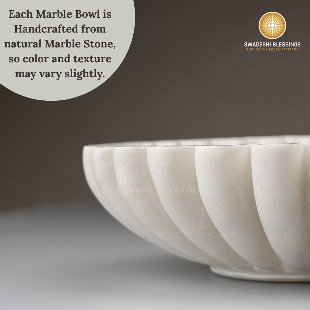 SWADESHI BLESSINGS HandCrafted Marble Ruffle Bowl/Antique Scallop Bowl/Fruit Bowl/Vintage Ring Dish/Decorative Flower Dish/HouseWarming Gift/Wedding Gifts/Urli (9 Inches)