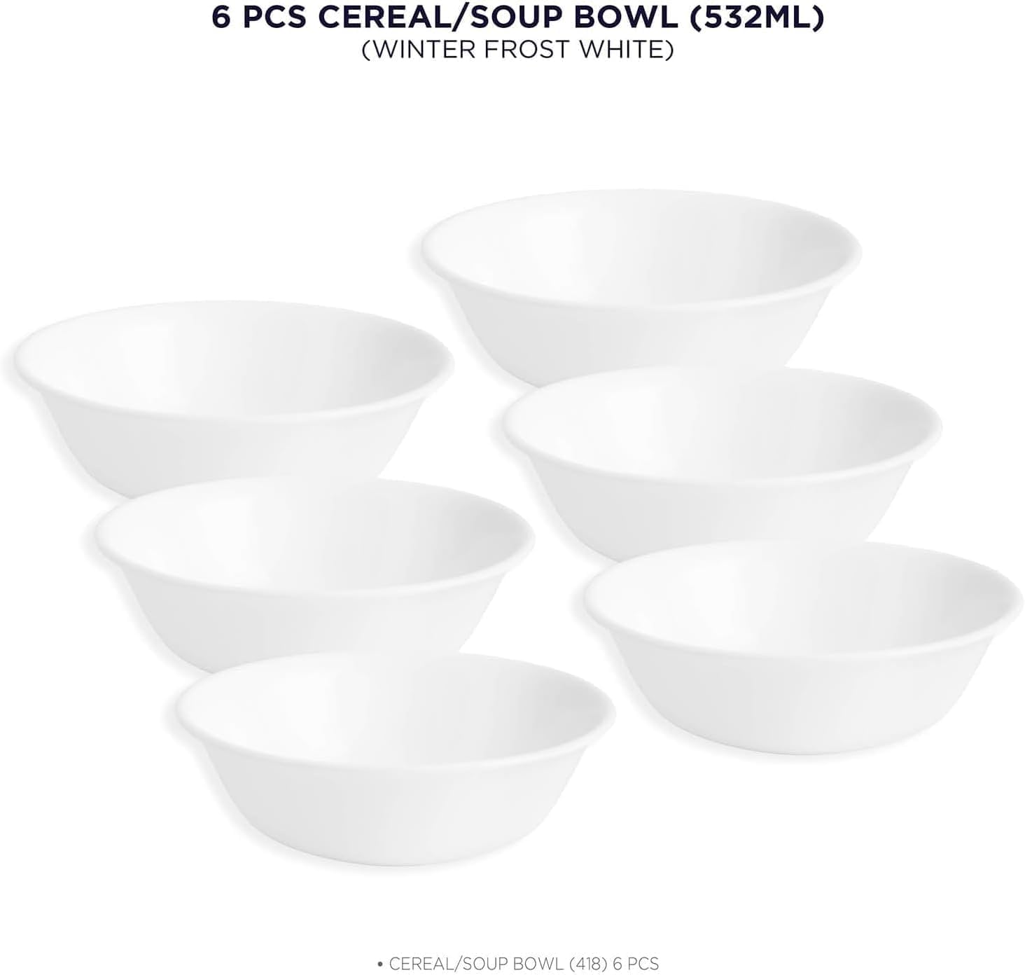 Corelle Vitrelle 6-Piece Soup/Cereal Bowl Set Triple Layer Glass and Chip Resistant  18-Oz Lightweight Round Bowls  Winter Frost White