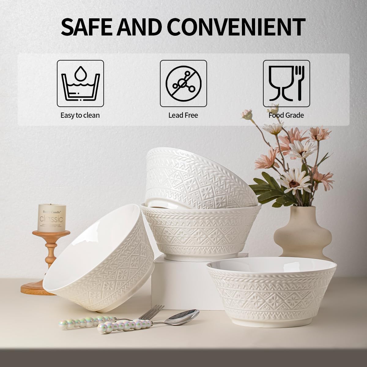 Yeacccng Deep Soup Bowls Set of 4  58oz Large Cereal Bowls  Large Soup Bowl for Kitchen  8.2 Inch Embossment Decorative Bowls  Dishwasher & Microwave Safe  Scratch-Resistant  Lead-Free  Easy Clean