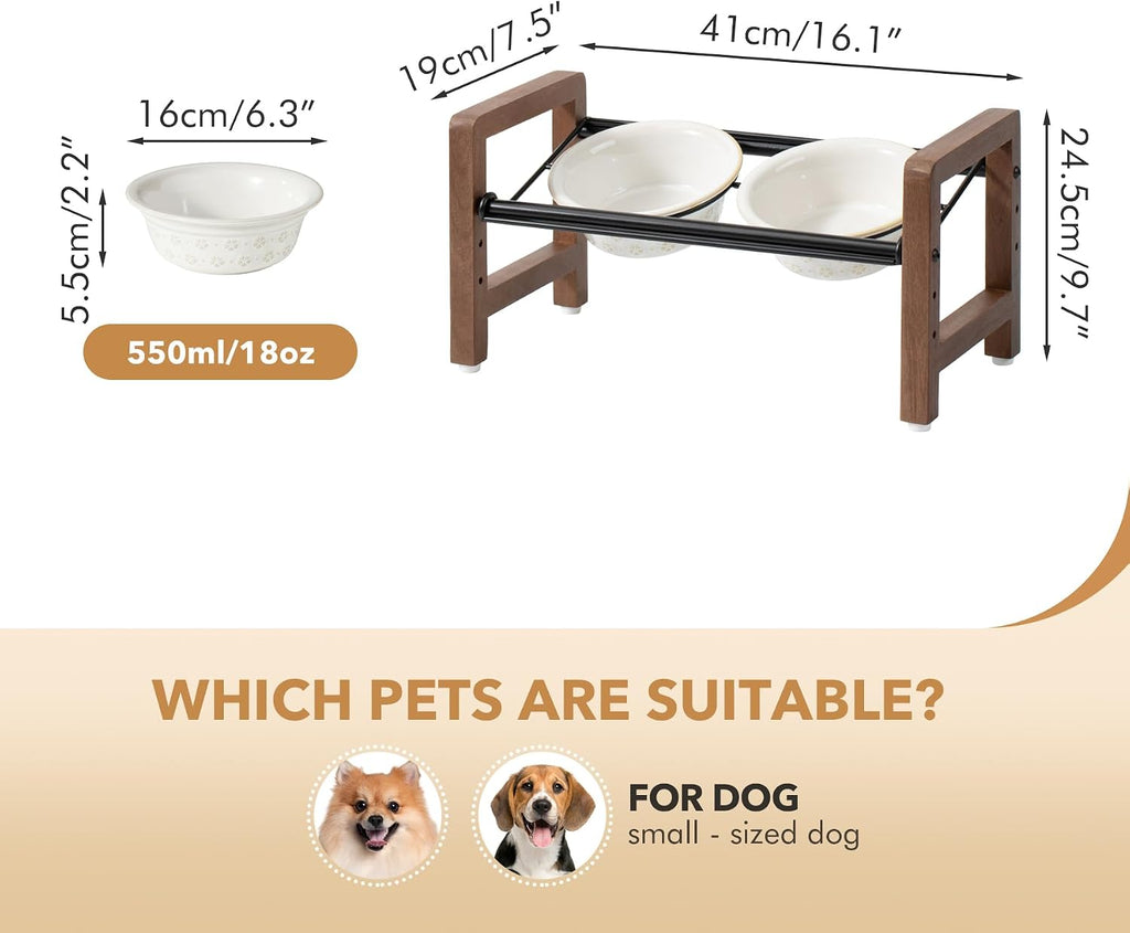 6.3inch Ceramic Adjustable Raised Double Bowls Set with Stand  3 Heights Elevated  2 Placement Options Food and Water Bowls for Adult Cat Small and Medium Dog(Reactived Glaze -White)