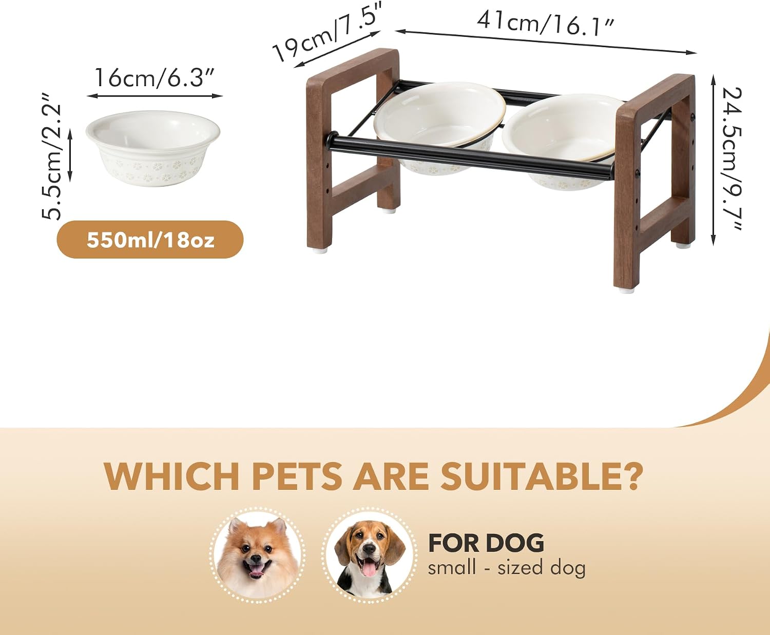 6.3inch Ceramic Adjustable Raised Double Bowls Set with Stand  3 Heights Elevated  2 Placement Options Food and Water Bowls for Adult Cat Small and Medium Dog(Reactived Glaze -White)