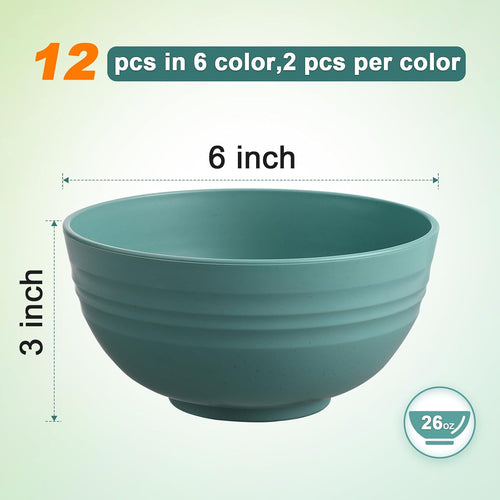 12 Pcs Unbreakable Cereal Bowls Set  26 Oz Wheat Straw Bowls Set  Microwave & Dishwasher Safe Rice Bowls for Kitchen  Reusable Plastic Bowls for Soup  Salad and Snack  BPA Free  Multicolor