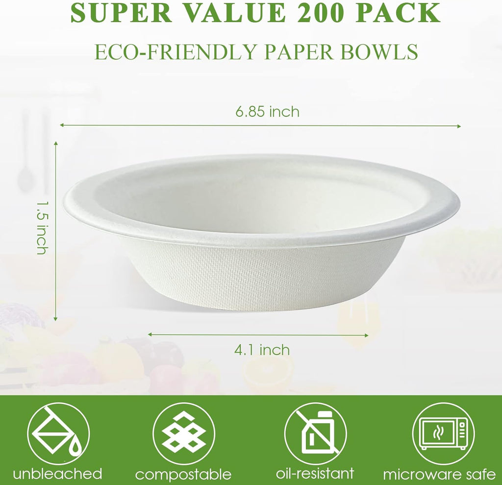 Vplus 200 Pack 16 OZ Paper Bowls  Disposable Compostable Bulk  Eco-friendly Bagasse  Heavy-duty Bowls Perfect for Milk Cereals  Snacks  Salads