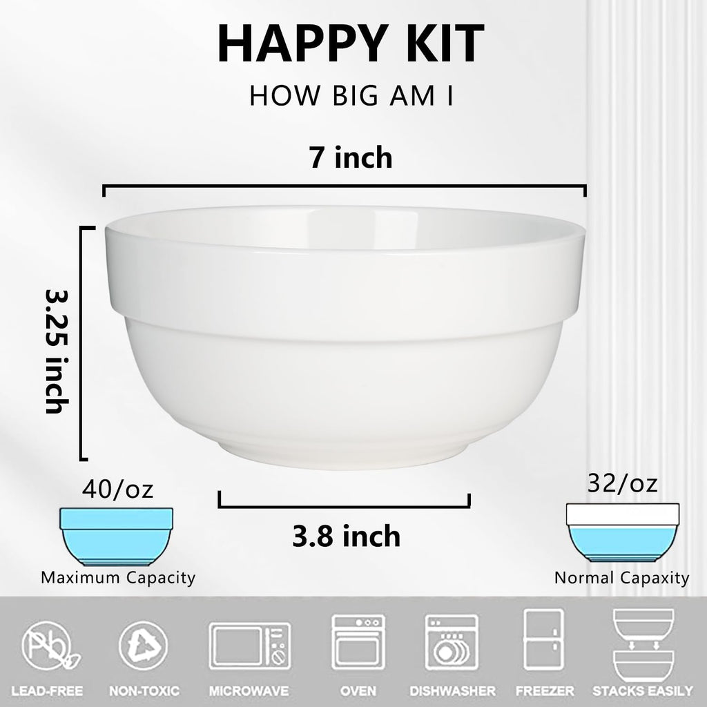 HAPPY KIT Large Serving Bowls 7 Inch 40 Ounces Soup Bowls White Ceramic Salad Bowl Set of 3 for Kitchen Pasta Bowls  Pho  Noodle  Cereal - Dishwasher & Microwave Safe