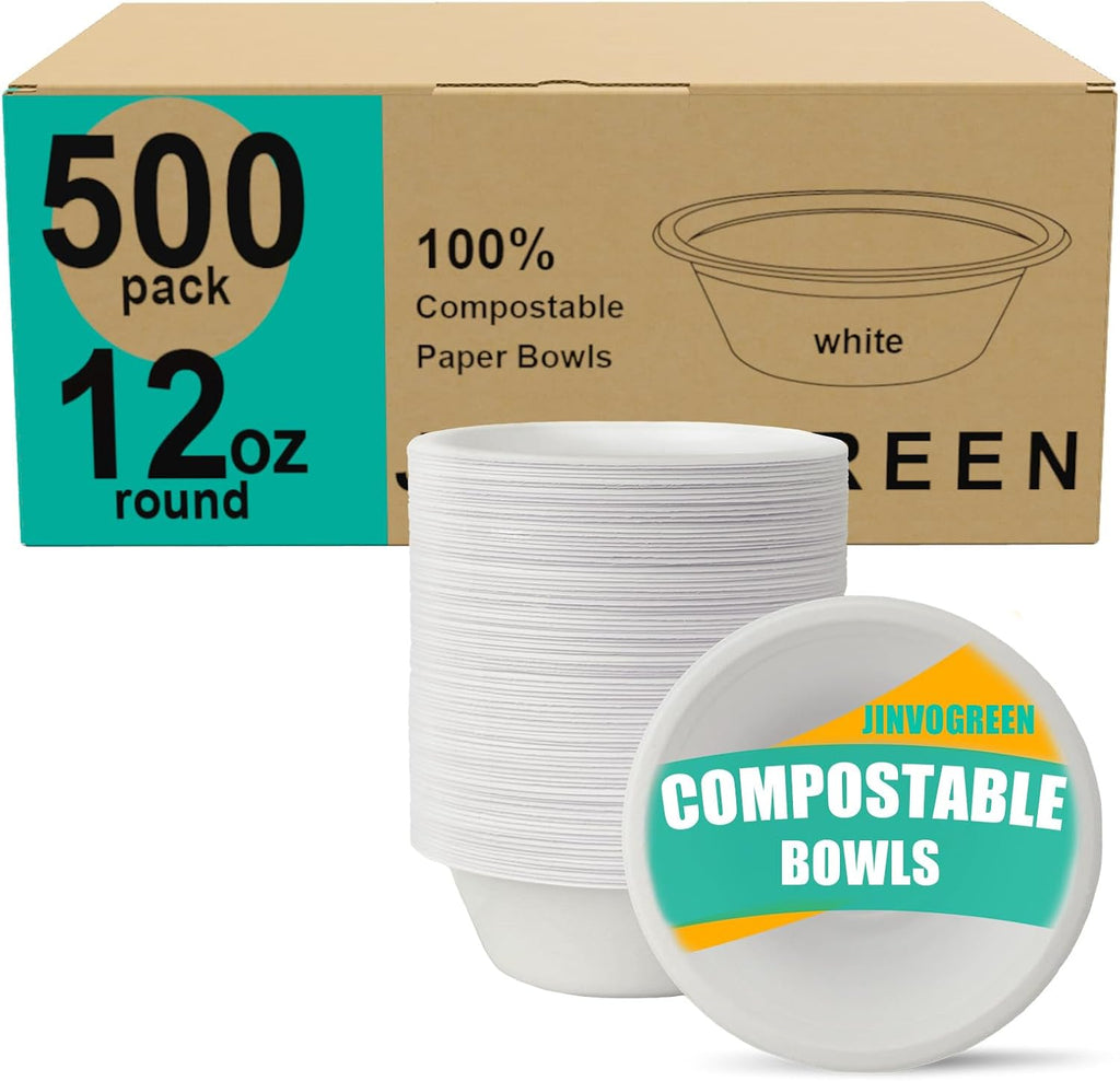 500 Count 12 oz Paper Bowls  Disposable Compostable Bowls Bulk  Heavy Duty Biodegradable Bagasse Bowl for Snacks  Soup  and Salads  White