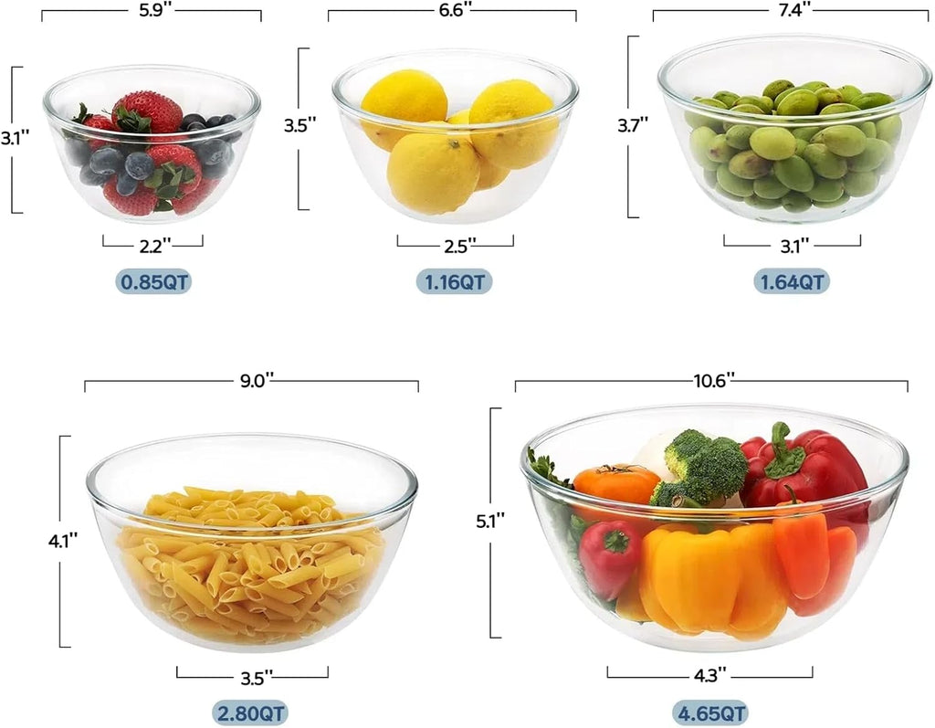 5pc Glass Mixing Bowls Sets (4.65QT  2.80QT  1.64QT  1.16QT  0.85QT)  Glass Nesting Kitchen Thick Bowl for Baking  Cooking Prep  Storage  Large Salad Bowls Sets-Dishwasher Microwave Freezer Safe