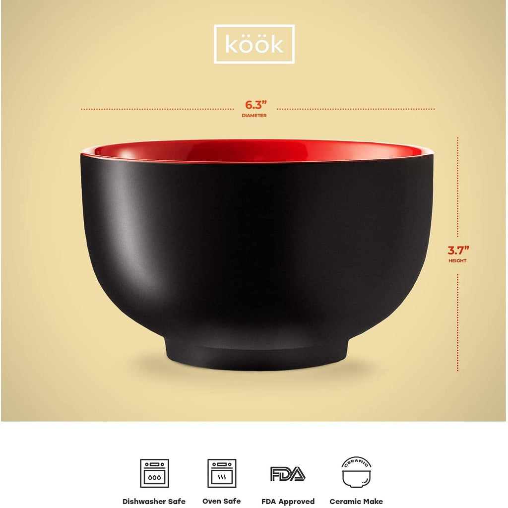 KooK Ramen Bowl  Japanese Bowls  Noodle Bowls  Large Soup Bowl  Ceramic  Large Capacity  For Ramen  Pho  Udon  Soba  Microwave and Dishwasher Safe  34 oz  Set of 4 (Black/Red)
