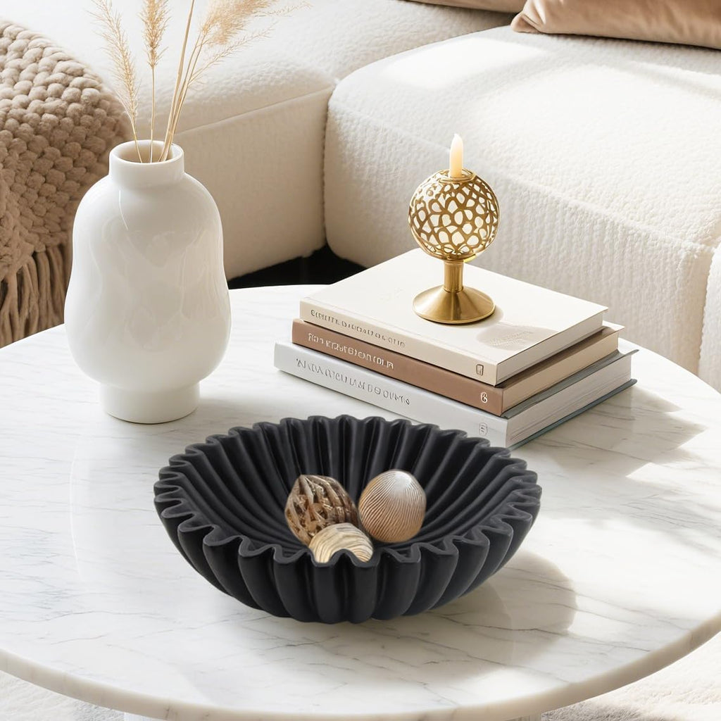 Large Modern Decorative Ruffle Bowl for Home Decor Fruit Bowl Organic Catch All Key Kitchen Entryway Shelf Coffee Table Black