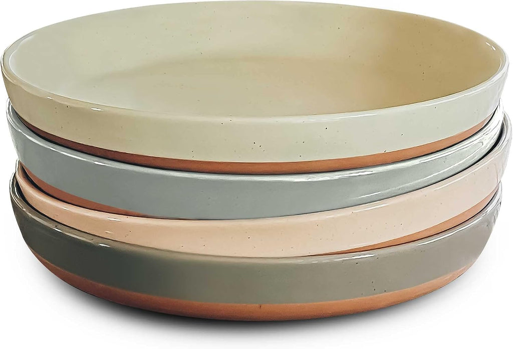 MORA Ceramic Flat Pasta Bowl Set of 4-35oz  Microwave Safe Plate with High Edge - Modern Porcelain Dinnerware for Kitchen and Eating  Large Wide Bowls/Plates for Serving Dinner  Salad  etc- Neutrals