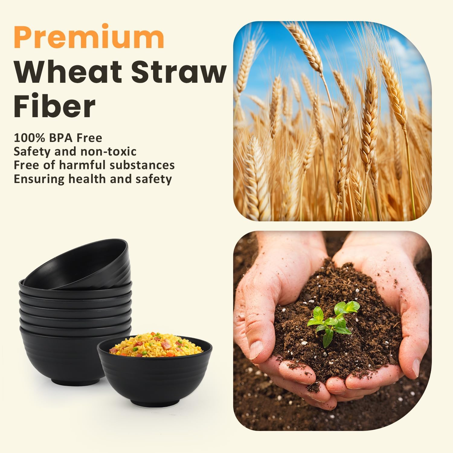 Homienly Cereal Bowl Set  Wheat Straw Bowls for Kitchen  Unbreakable Lightweight Bowl Set of 8  Microwave and Dishwasher Safe Bowls  Reusable Bowl for Serving  Cereal  Snack Fruit(Black  26 OZ)