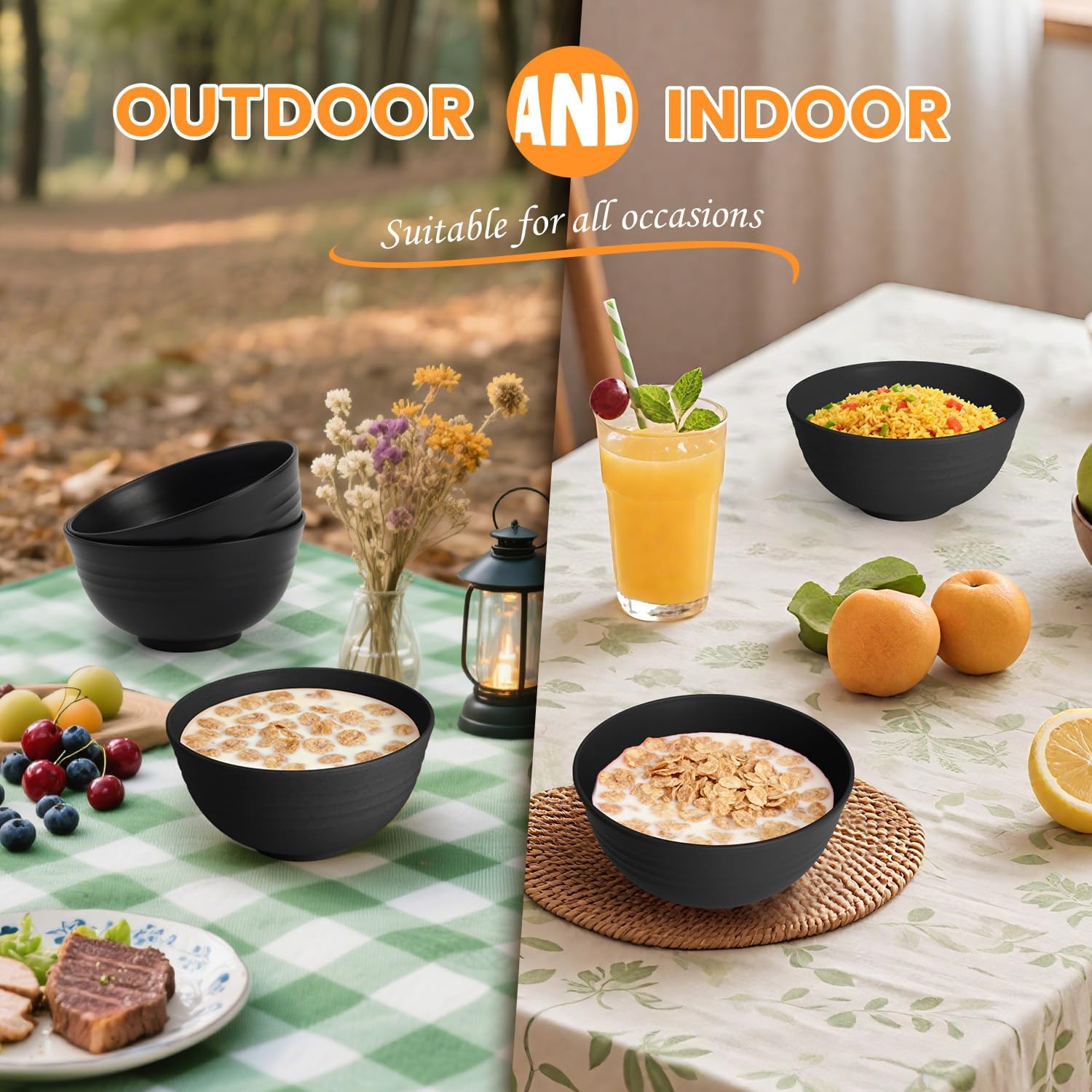 Homienly Cereal Bowl Set  Wheat Straw Bowls for Kitchen  Unbreakable Lightweight Bowl Set of 8  Microwave and Dishwasher Safe Bowls  Reusable Bowl for Serving  Cereal  Snack Fruit(Black  26 OZ)