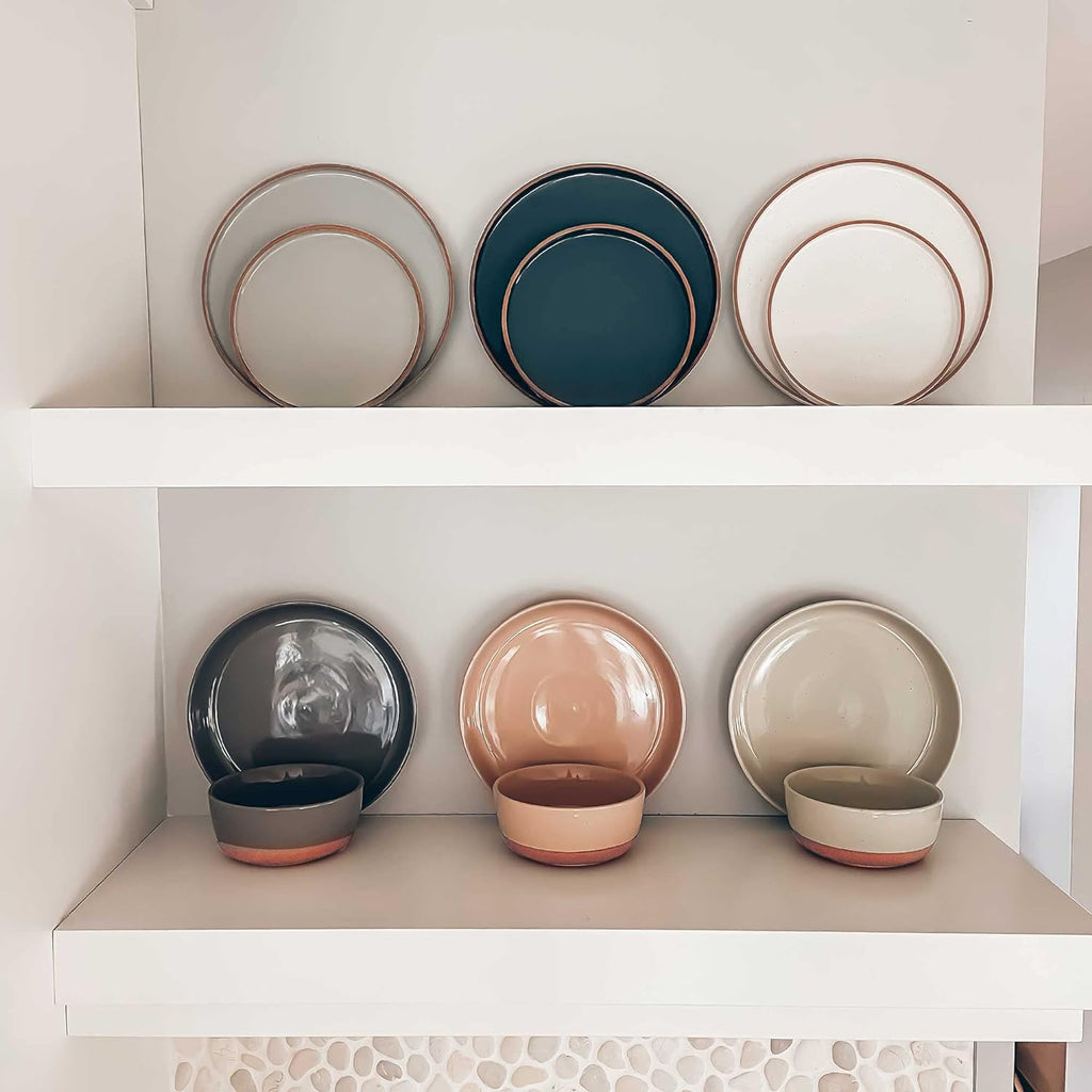 MORA Ceramic Flat Pasta Bowl Set of 4-35oz  Microwave Safe Plate with High Edge - Modern Porcelain Dinnerware for Kitchen and Eating  Large Wide Bowls/Plates for Serving Dinner  Salad  etc- Neutrals