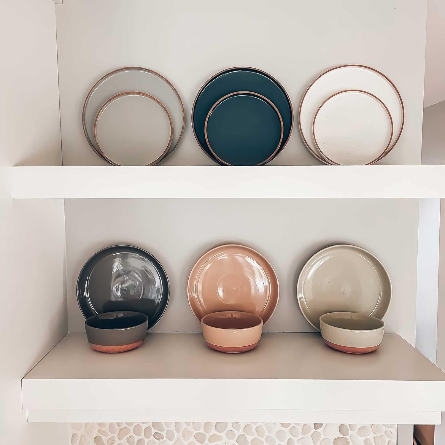 MORA Ceramic Flat Pasta Bowl Set of 4-35oz  Microwave Safe Plate with High Edge - Modern Porcelain Dinnerware for Kitchen and Eating  Large Wide Bowls/Plates for Serving Dinner  Salad  etc- Neutrals