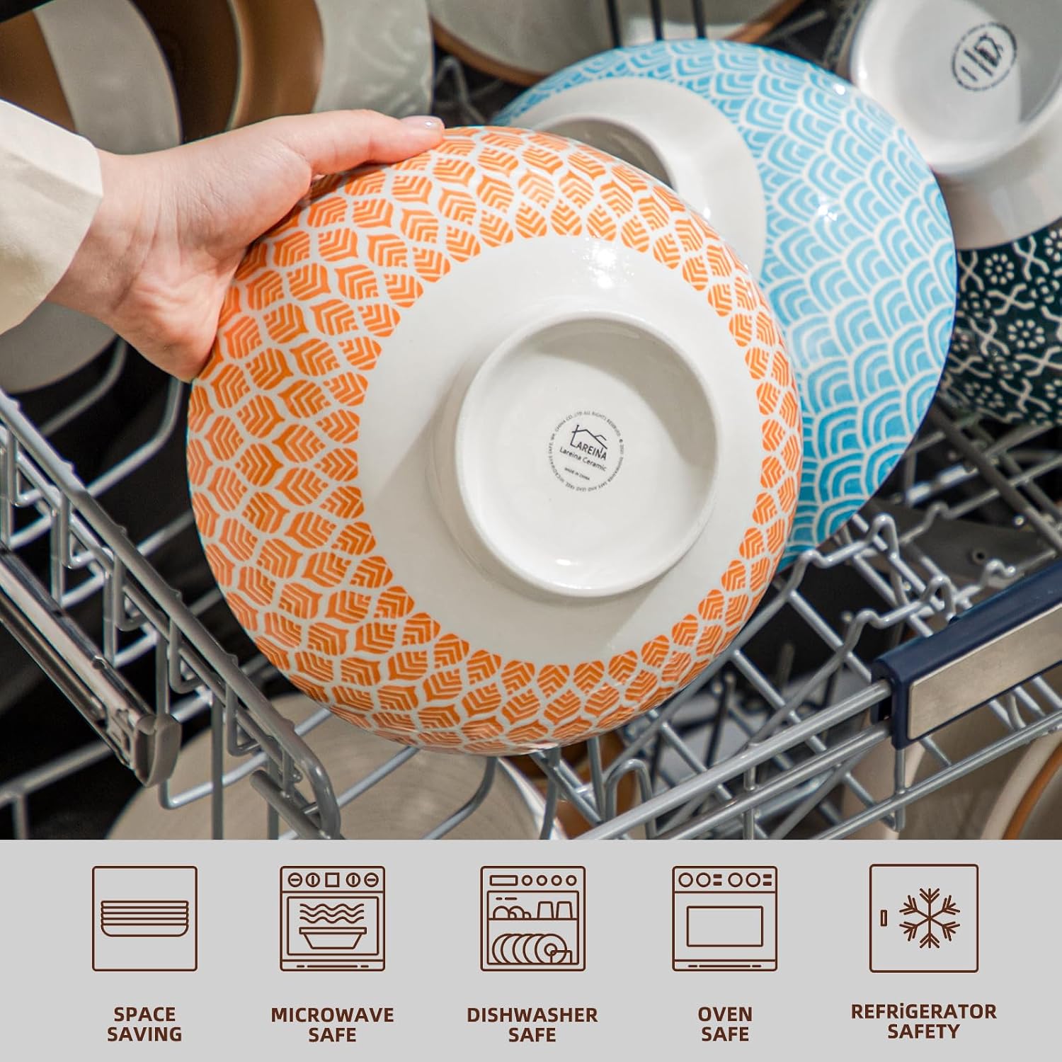 Large Serving Bowls - 60 oz Ceramic Salad Bowl - 8 Inch Serving Bowl Set - Big Soup Bowl For Kitchen - Microwave & Dishwashers Safe - Pho Fruit Pasta Popcorn Bowl - Set of 3