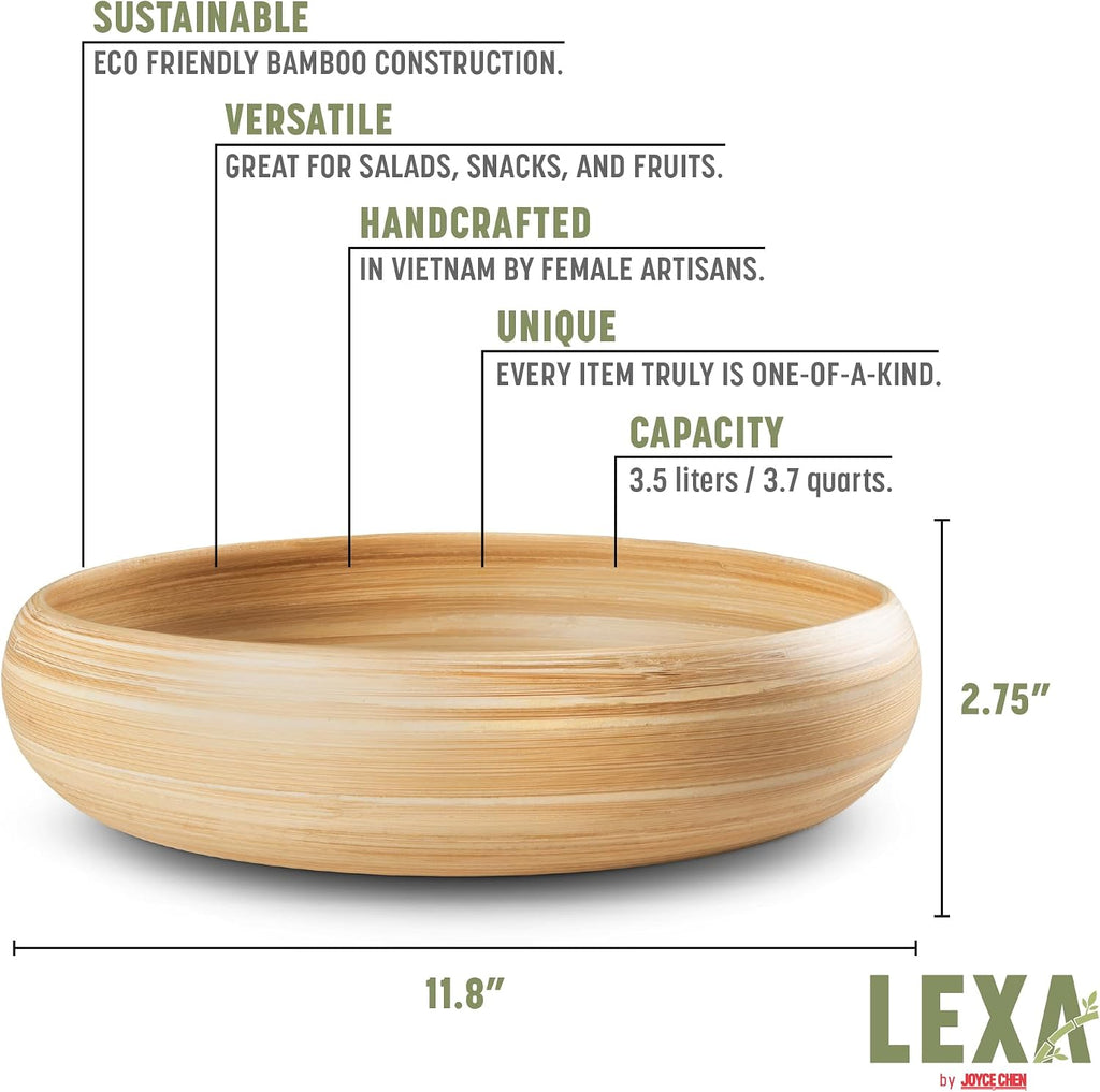 LEXA 12" Handmade Natural Bamboo Wooden Fruit Bowl for Kitchen Counter - 130 oz Lightweight Large Bamboo Wood Salad Bowl
