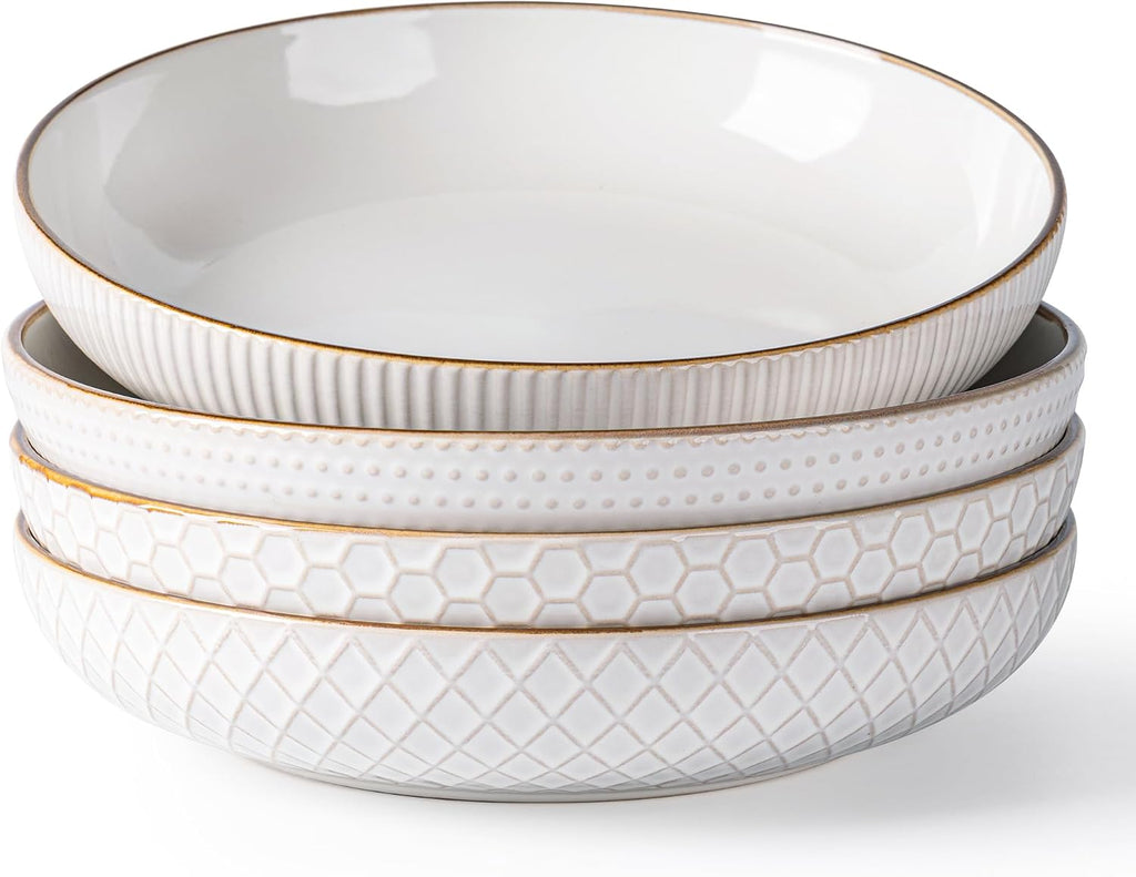 GBHOME 9.5'' Large Pasta Bowls  42 Ounce Stoneware Salad Bowls for Kitchen  Ceramic Serving Bowls With Textured Pattern for Pasta Fruit  Stews Noodle  House-warming Gift Set of 4-Off White