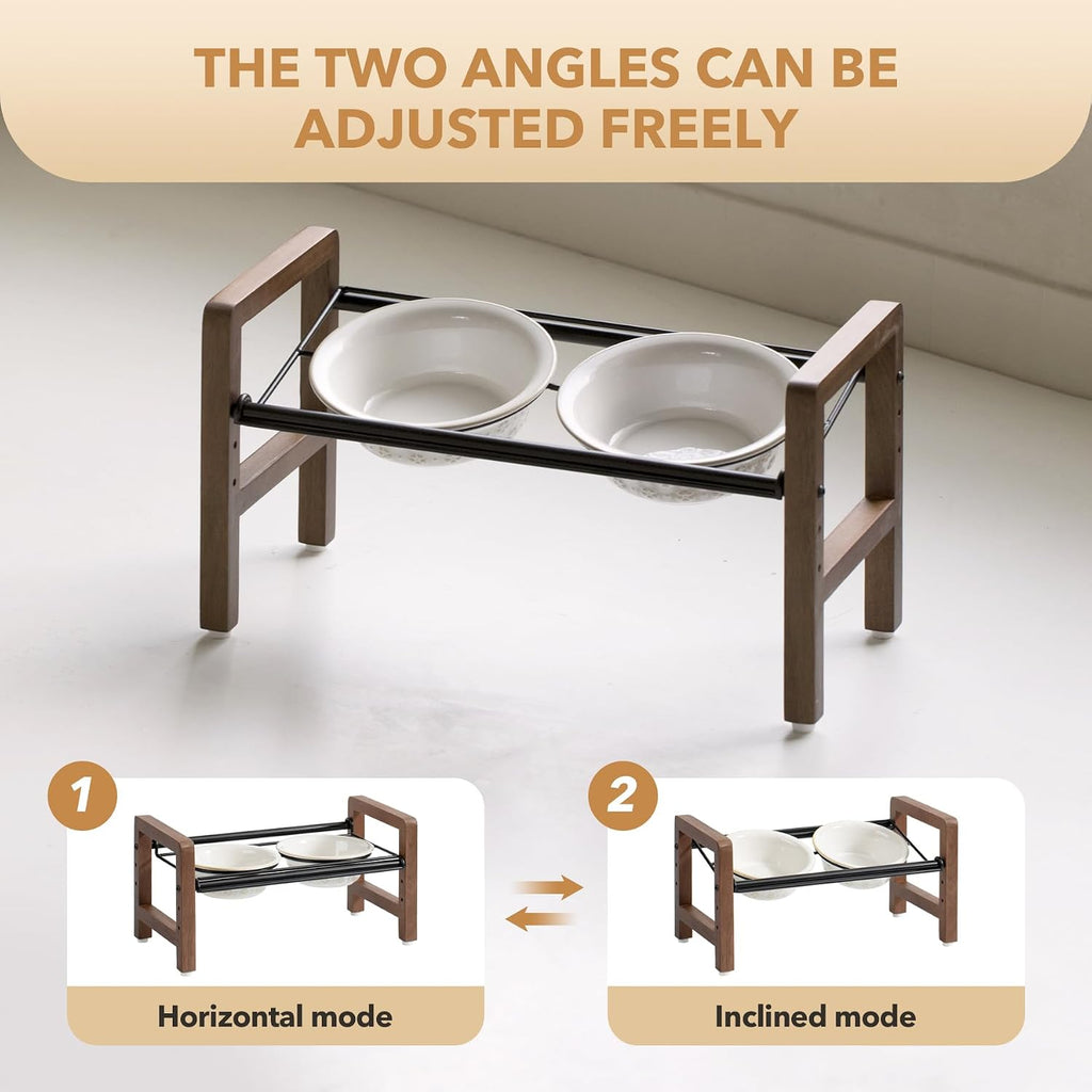 6.3inch Ceramic Adjustable Raised Double Bowls Set with Stand  3 Heights Elevated  2 Placement Options Food and Water Bowls for Adult Cat Small and Medium Dog(Reactived Glaze -White)