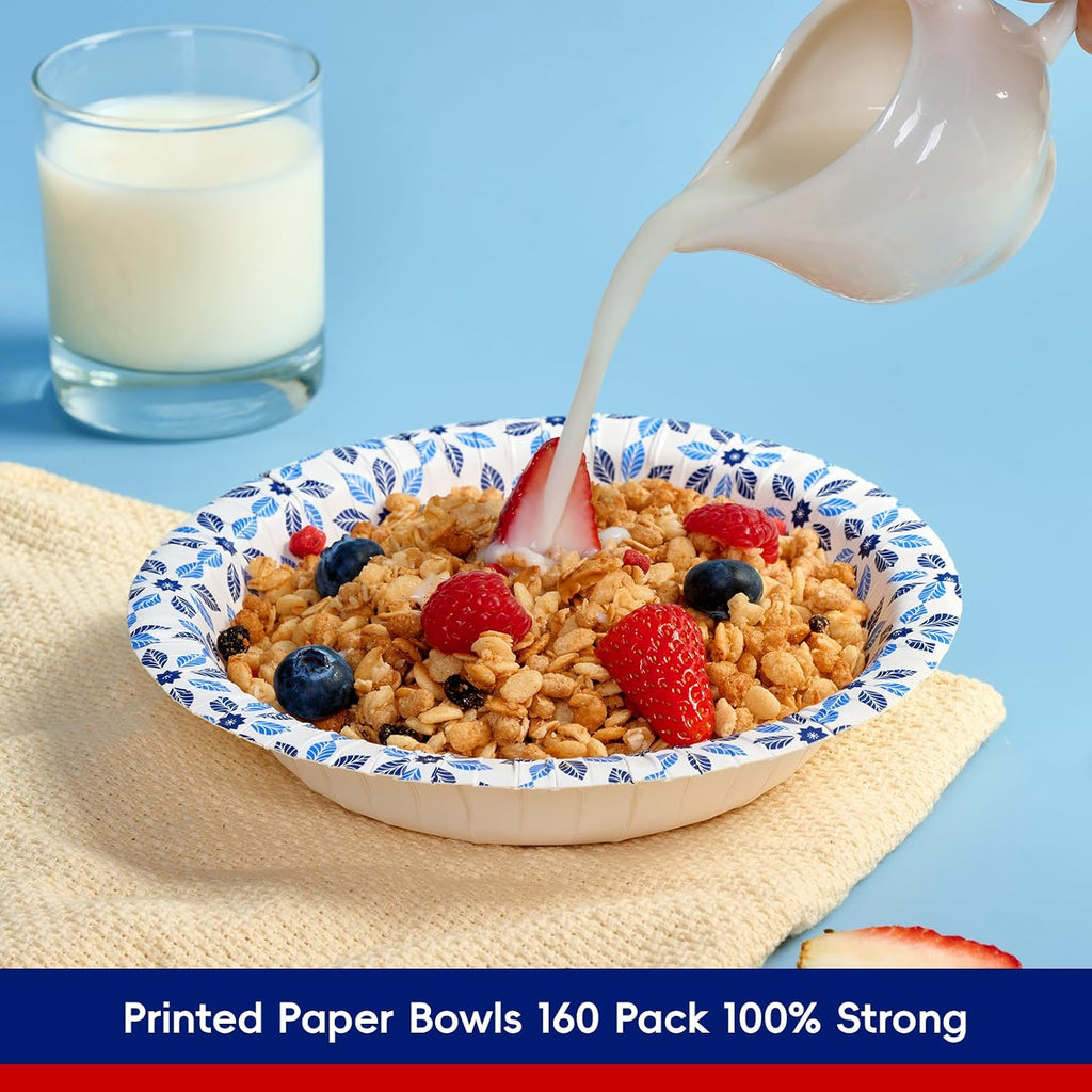JOLLY CHEF 160 Count Paper Bowls 20 oz Soak Proof  Heavy Duty Printed Disposable Bowls Bulk for Dinner or Lunch