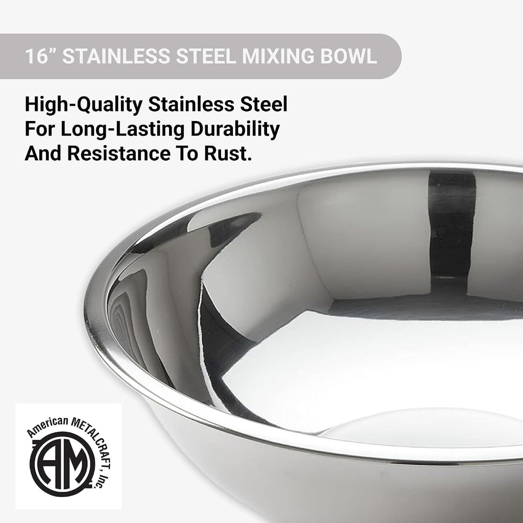 American Metalcraft 16" Stainless Steel Mixing Bowl - 13-Quart Durable Metal Bowls for Mixing  Large Stainless Steel Bowl