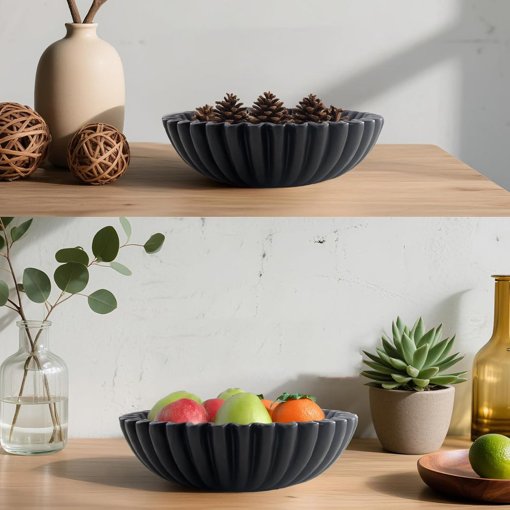Large Modern Decorative Ruffle Bowl for Home Decor Fruit Bowl Organic Catch All Key Kitchen Entryway Shelf Coffee Table Black