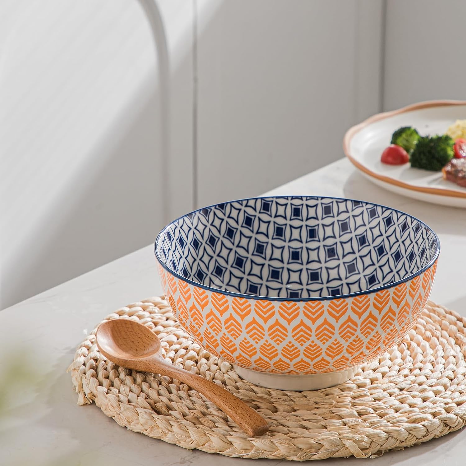 Large Serving Bowls - 60 oz Ceramic Salad Bowl - 8 Inch Serving Bowl Set - Big Soup Bowl For Kitchen - Microwave & Dishwashers Safe - Pho Fruit Pasta Popcorn Bowl - Set of 3