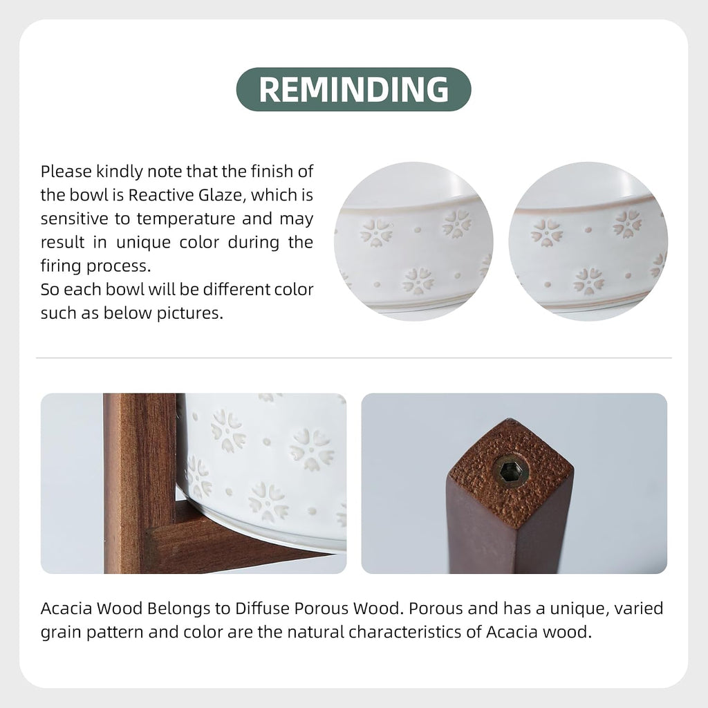 6.1inch Ceramic Raised Double Bowls Set with Acacia Wood Stand  2 Heights Elevated  Food & Water Bowls for Small Breed Dogs  Weighted Dog Dishes  Pet Bowl(27oz  Arctic White)