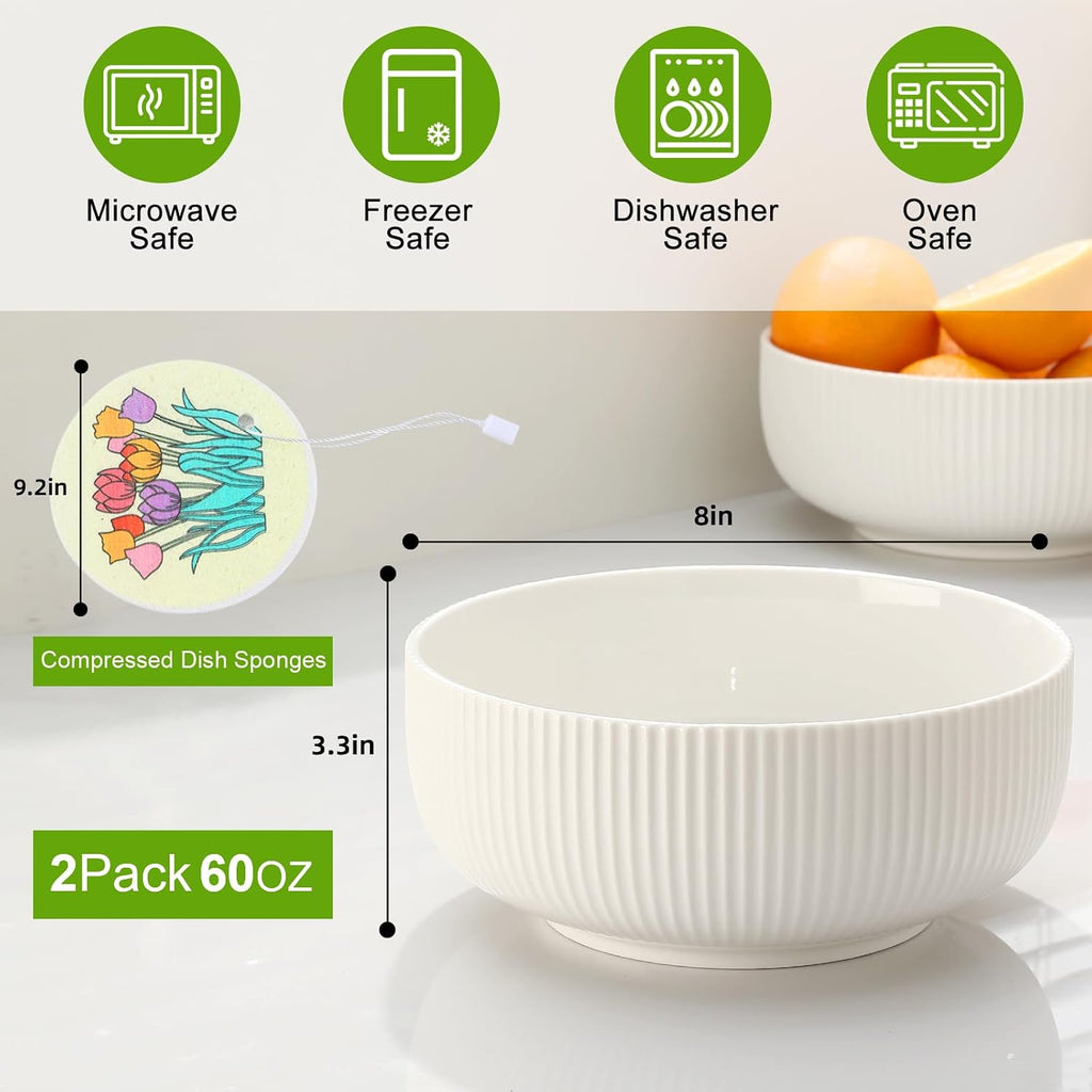 60oz Salad Bowl Set 2 Pack Serving Bowls for Entertaining 8inch Large White Ceramic Bowl for Side Dishes Soup  Pho  Cereal  Pasta  Fruit  Microwave and Dishwasher Safe
