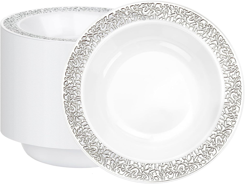 I00000 100 Silver Plastic Bowls  12 oz Disposable Bowls  Premium Disposable Heavy Duty Plastic Bowl for Birthday  Wedding & Party