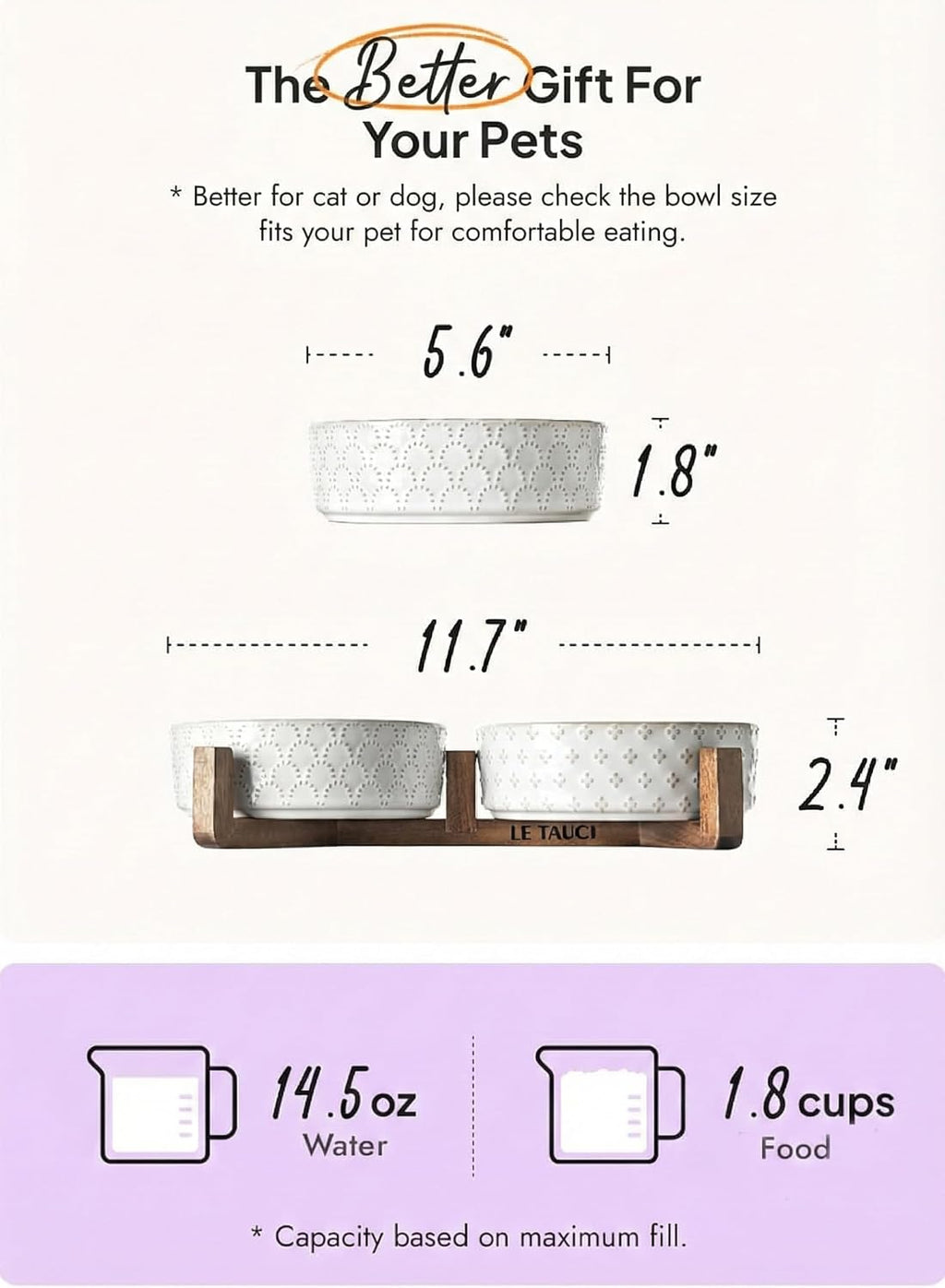 LE TAUCI Dog Bowl Set with Acacia Wood Stand - 1.5-Cup Ceramic Puppy Bowls for Small Dogs  Dual Food and Water Bowls with Weighted Non-Slip Base