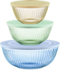 Pyrex Colors Tinted (3-Pack  Full Set) Sculpted Tinted Glass Mixing Bowls With Lids  Nesting Space Saving Set of Bowls For Prepping and Baking  1.3QT  2.3QT & 4.5Q