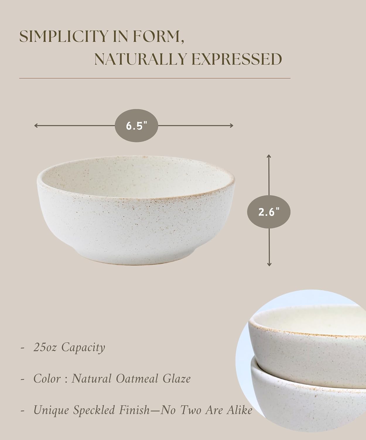 Stoneware Bowl Set of 4-25oz  6.5" Ceramic Serving Bowls for Salad  Cereal  Soup & Fruit - Microwave & Dishwasher Safe - Rustic Minimalist Design - Oatmeal Cream - Ideal Gift