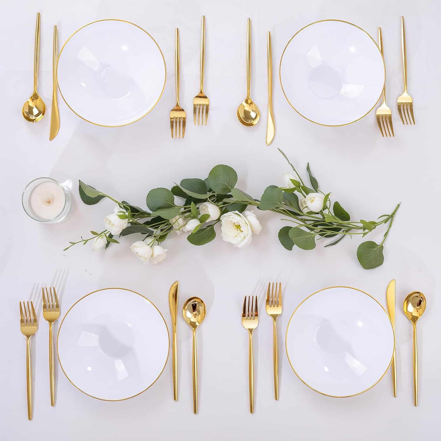 I00000 16 Oz 50 Count White Disposable Soup Bowls with Gold Rim  Plastic Bowls Disposable Premium Heavyweight Elegant Plastic Salad Bowl for Party