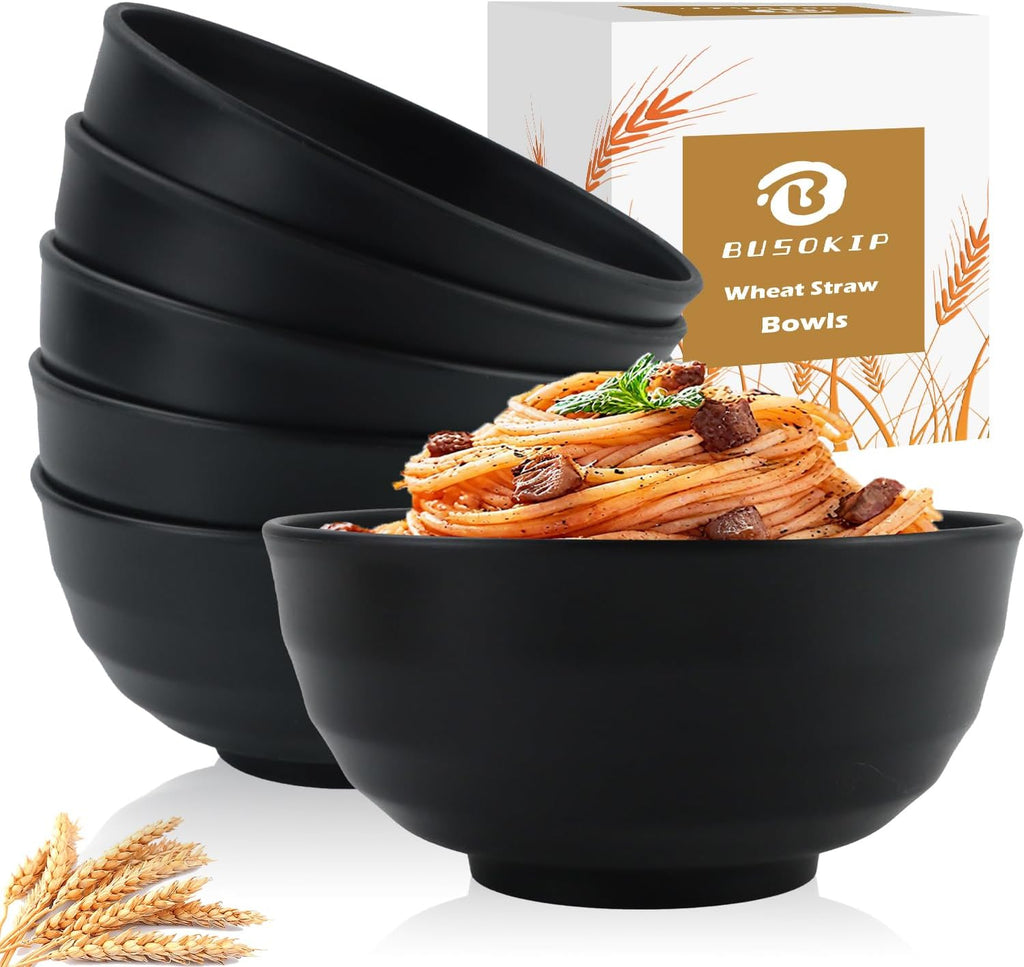 Wheat Straw Bowls Unbreakable Large Salad Bowls 60 OZ Set of 6  Microwave and Dishwasher Safe Large Plastic Bowl  Big Bowl for Eating  Serving Soup  Ramen  Popcorn (Black)