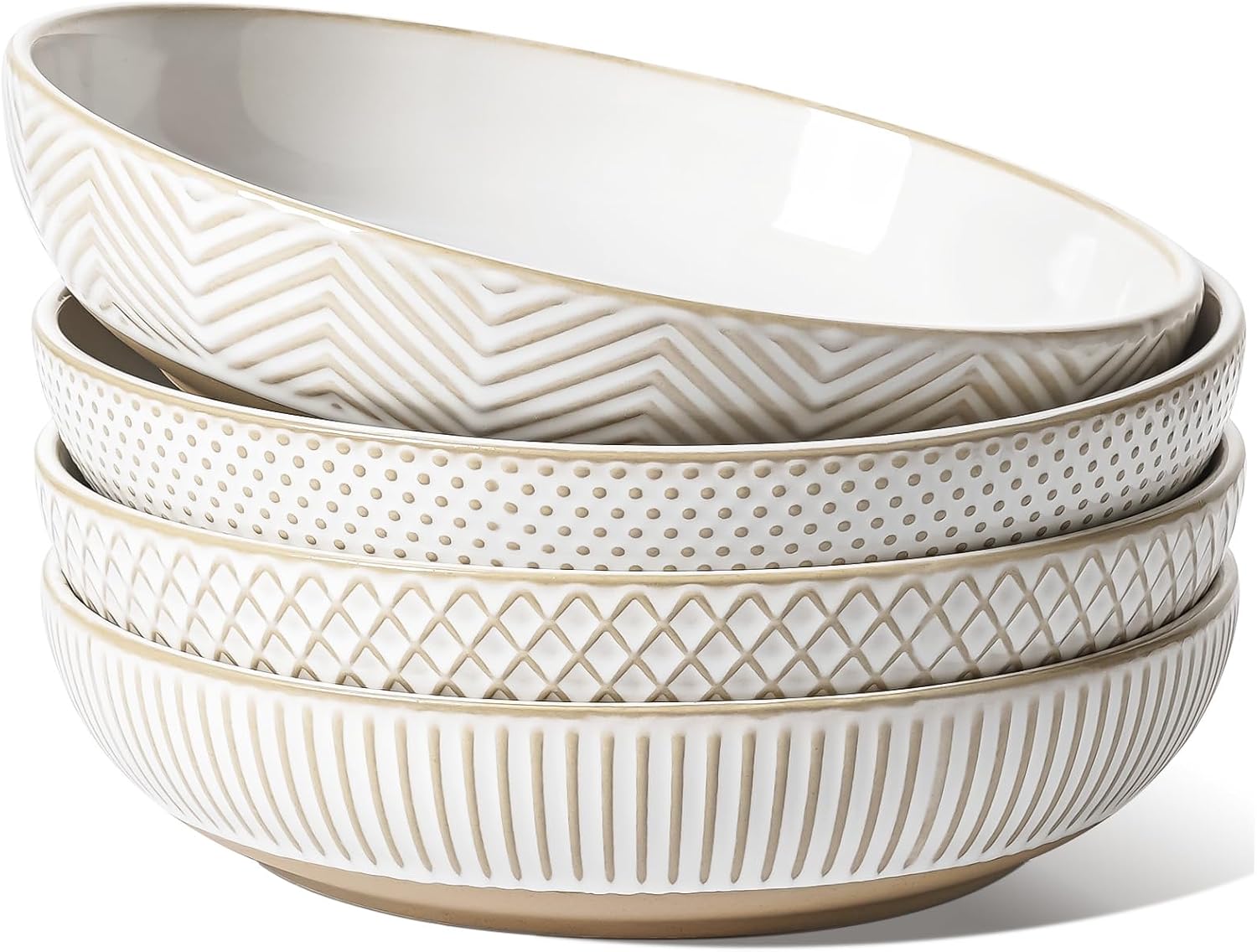 LE TAUCI Pasta Bowls 46oz  Large Salad Bowl  Ceramic Serving Plate  House-warming Wedding Present  Embossment Stoneware Bowl for Fruits  Noodle  Dinner - 9 Inch  Set of 4  Arctic White