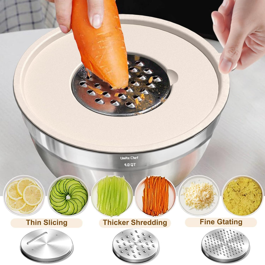 Umite Chef Mixing Bowls with Airtight Lids Set  8PCS Stainless Steel Khaki Nesting Bowls with Grater Attachments  Kitchen Bowls with Non-Slip Bottoms  Size 5  4  3.5  2  1.5QT for Mixing & Serving