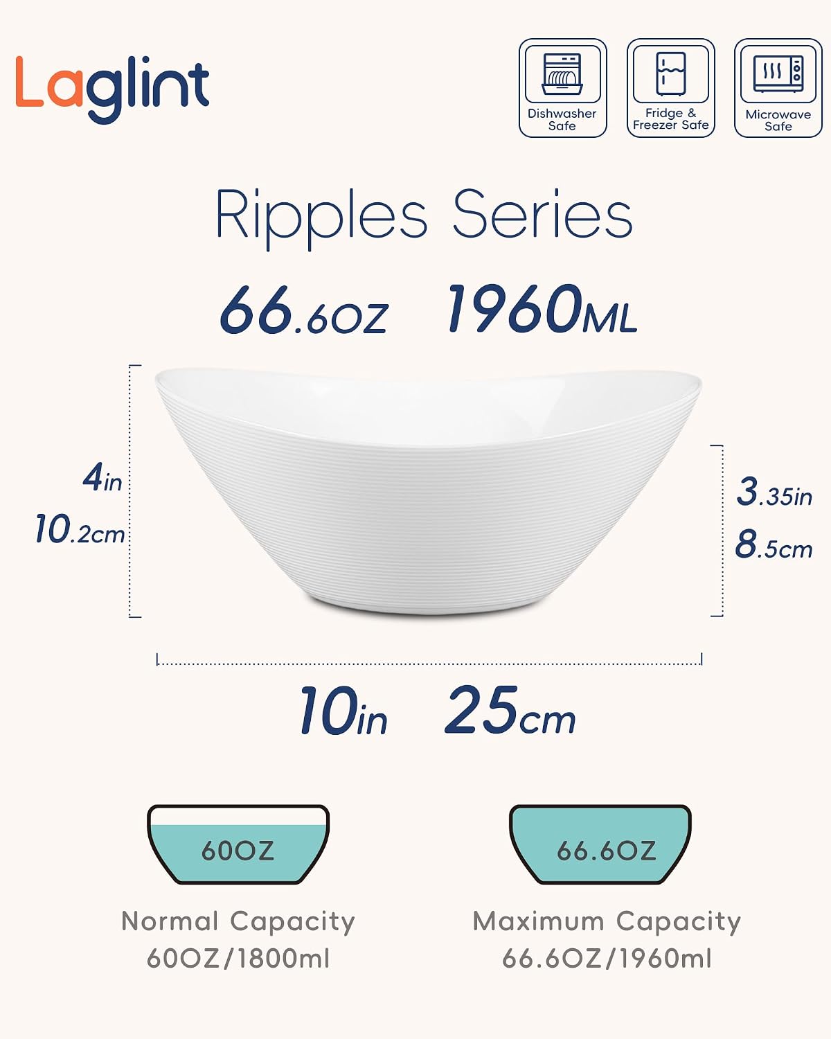 66 OZ Salad Bowl Set of 2  Opal Glass 10 inch Lightweight Serving Dishes for Salad  Fruit  Kitchen Microwave & Dishwasher Safe  Oval Shape White