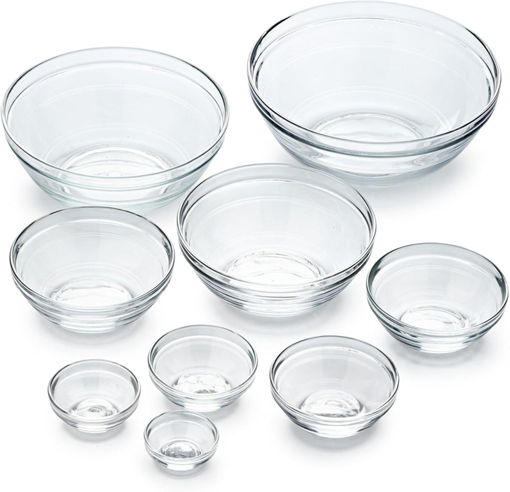 Duralex Le Gigogne Glass Mixing Bowl Set – 9-Piece Clear Stackable Prep Bowls Made of Durable Glass