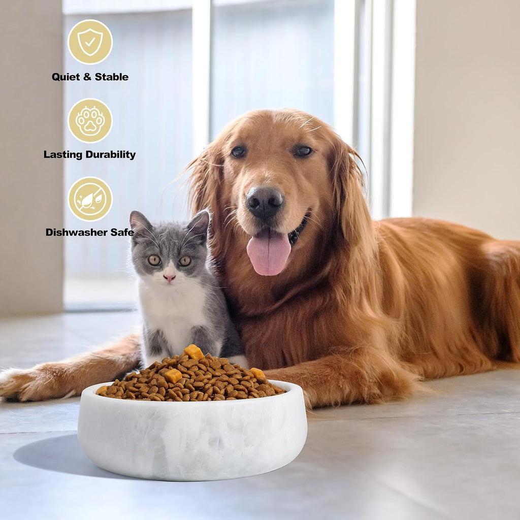 White Marble Dog Bowls  Non-Slip Dog Food Water Bowl Small  Heavy Duty Pet Bowl for Cats and Medium Dogs  Weighted African Natural Marble  Holds 4 Cups(5lbs)