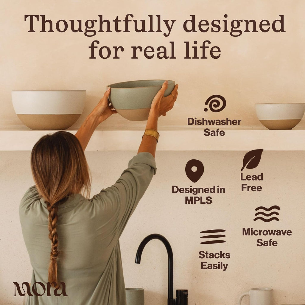 MORA Mega and Giant Bowls Set of 2  5.5 and 3.5 Qt Ceramic Pottery Mixing Bowls - Microwave and Dishwasher Safe - Oat