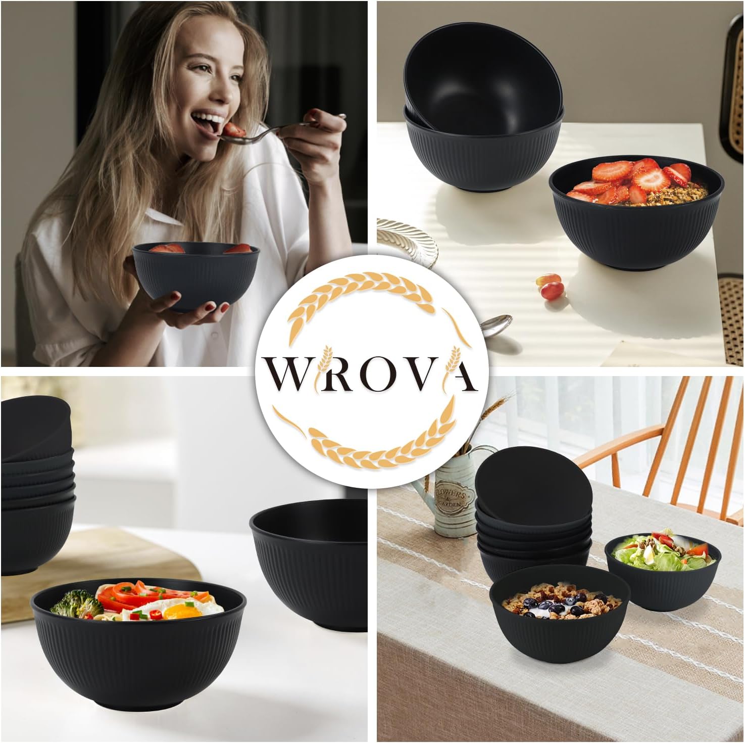 Wrova Wheat Straw Bowl Sets of 8 Unbreakable Cereal Bowl 26 OZ Microwave and Dishwasher Safe Bowls Salad Bowl suitable for Cereal Salad Snack and Soup. Winter-Pure Black