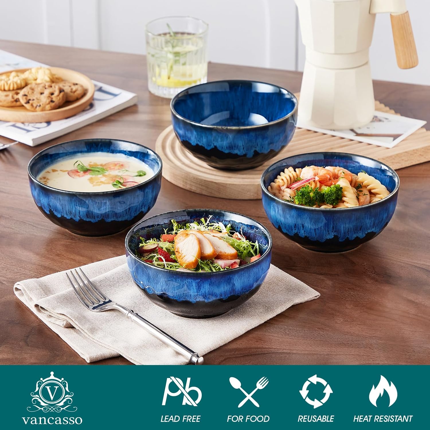 vancasso Starry 24oz Bowls for Soup  Ceramic Soup Bowls Set of 4  Blue Cereal Bowls Set for Kitchen  Salad Bowls Set  Pasta Oatmeal Bowls  Lead-free  Dishwasher & Microwave Oven Safe  Blue