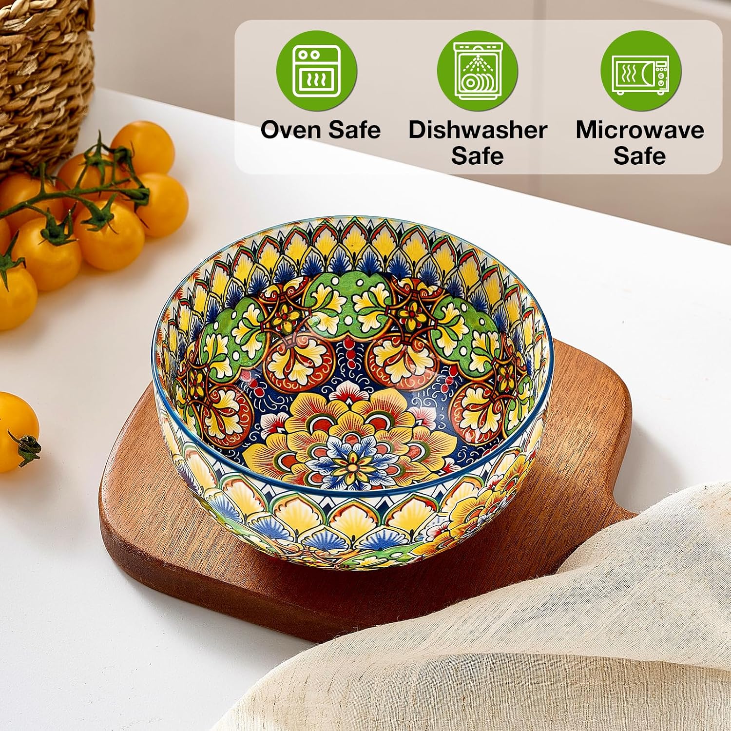 Ceramic Cereal Bowls Set of 6  28 oz Bohemian Soup Bowl  Colorful Bowls Set for Kitchen  Dessert Bowls for Salad  Pasta  Oatmeal  Ramen  Oatmeal  Fruit  Dishwasher & Microwave Safe