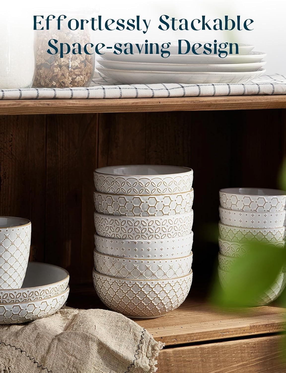 DOWAN Soup Bowls Set of 6  26 OZ Cereal Bowls for Kitchen  6" Ceramic Embossment Bowl for Salad  Pho  Fruits  Rice  Large Bowls Decor & Housewarming Gift  Dishwasher & Microwave Safe