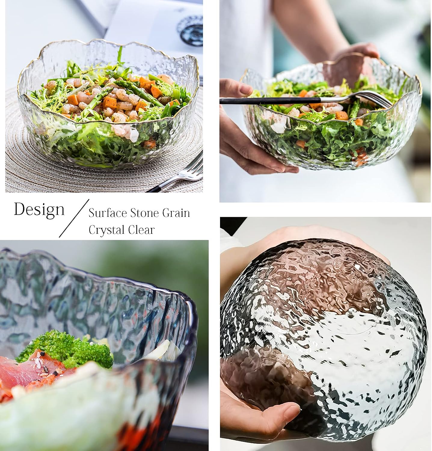 TOSSOW Glass Salad Bowl Irregular Shape Serving Bowls  25 oz Pyrex Mixing Bowls for Kitchen Prep  Fruit  Snack  Dessert  and Candy Dishes or Nut Bowls(Grey)