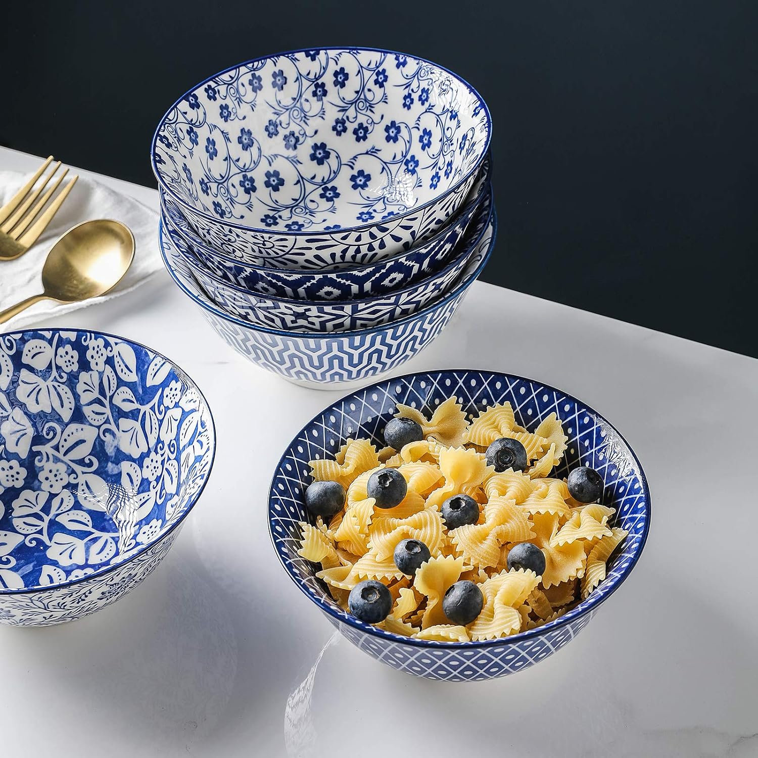Selamica Blue and White Porcelain 20oz Cereal Bowl Set - Set of 6  6 inch Soup Bowls  Ceramic bowls for Cereal  Soup  Salad and Pasta  Vintage Blue