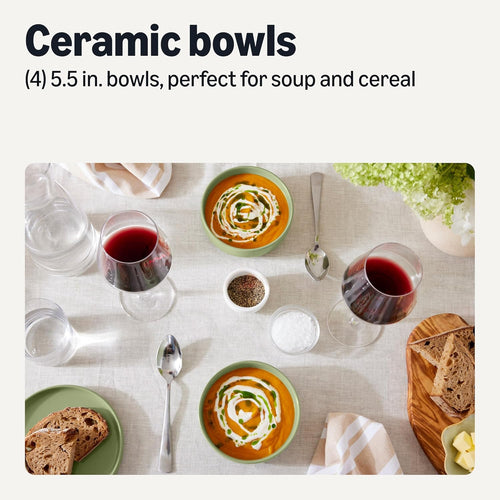 Amazon Basics Glazed Stoneware Bowls  Ceramic 4-Piece Set  Dishwasher-Safe  5.5 in.  Olive