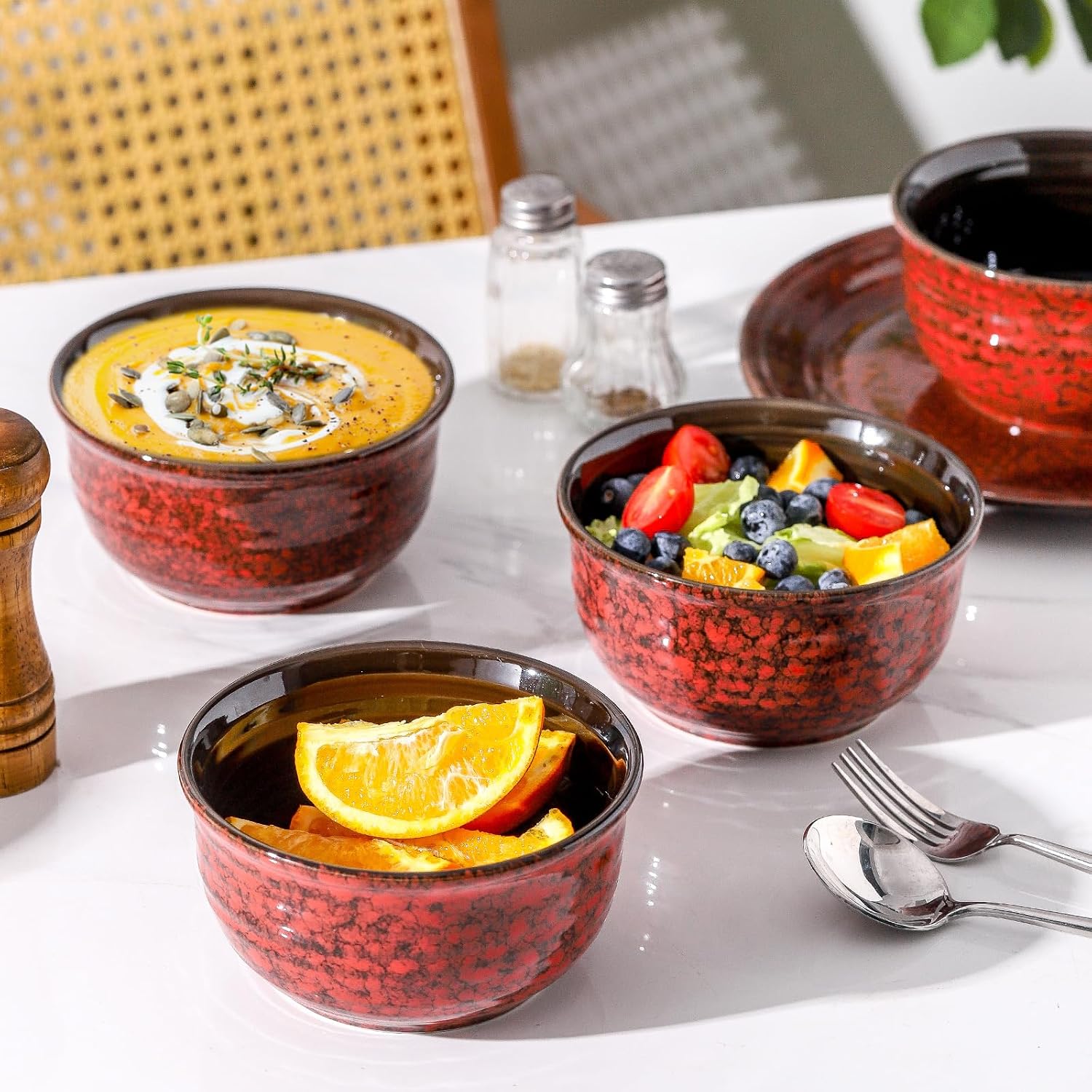 MEKY 20OZ Soup Bowls  Ceramic Cereal Bowls Set of 6  Perfect for Oatmeal Desserts Salads Rice Pasta Breakfast Stackable Serving Bowls for Daily Meals Party Gifting  Microwave & Dishwasher Safe  Red