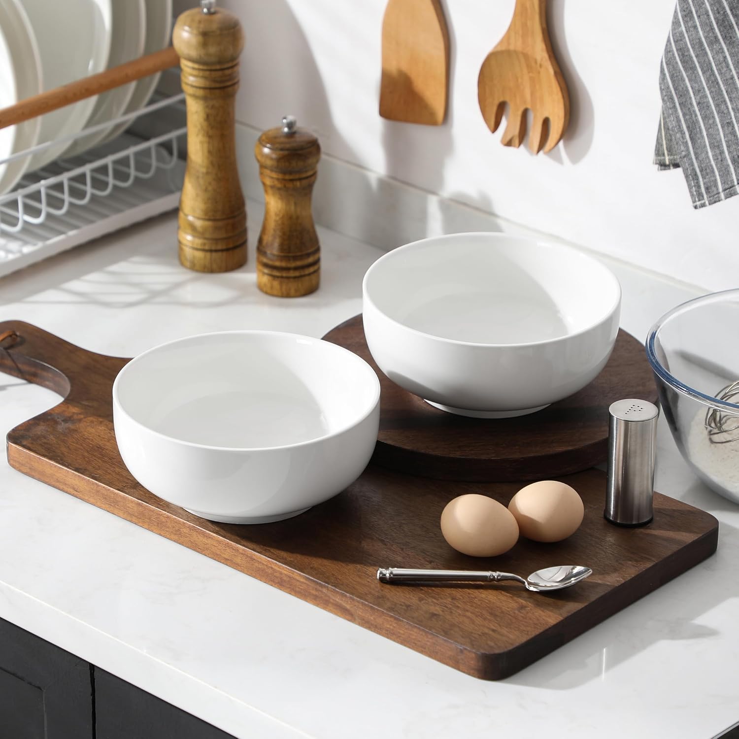 MALACASA Salad Bowls Set  44 OZ (7") Large Soup Bowls Cereal Bowl for Kitchen  White Ceramic Bowls Set of 2  Dishwasher & Microwave Safe Series REGULAR