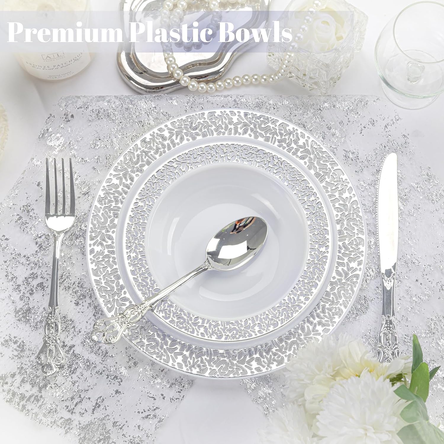I00000 100 Silver Plastic Bowls  12 oz Disposable Bowls  Premium Disposable Heavy Duty Plastic Bowl for Birthday  Wedding & Party